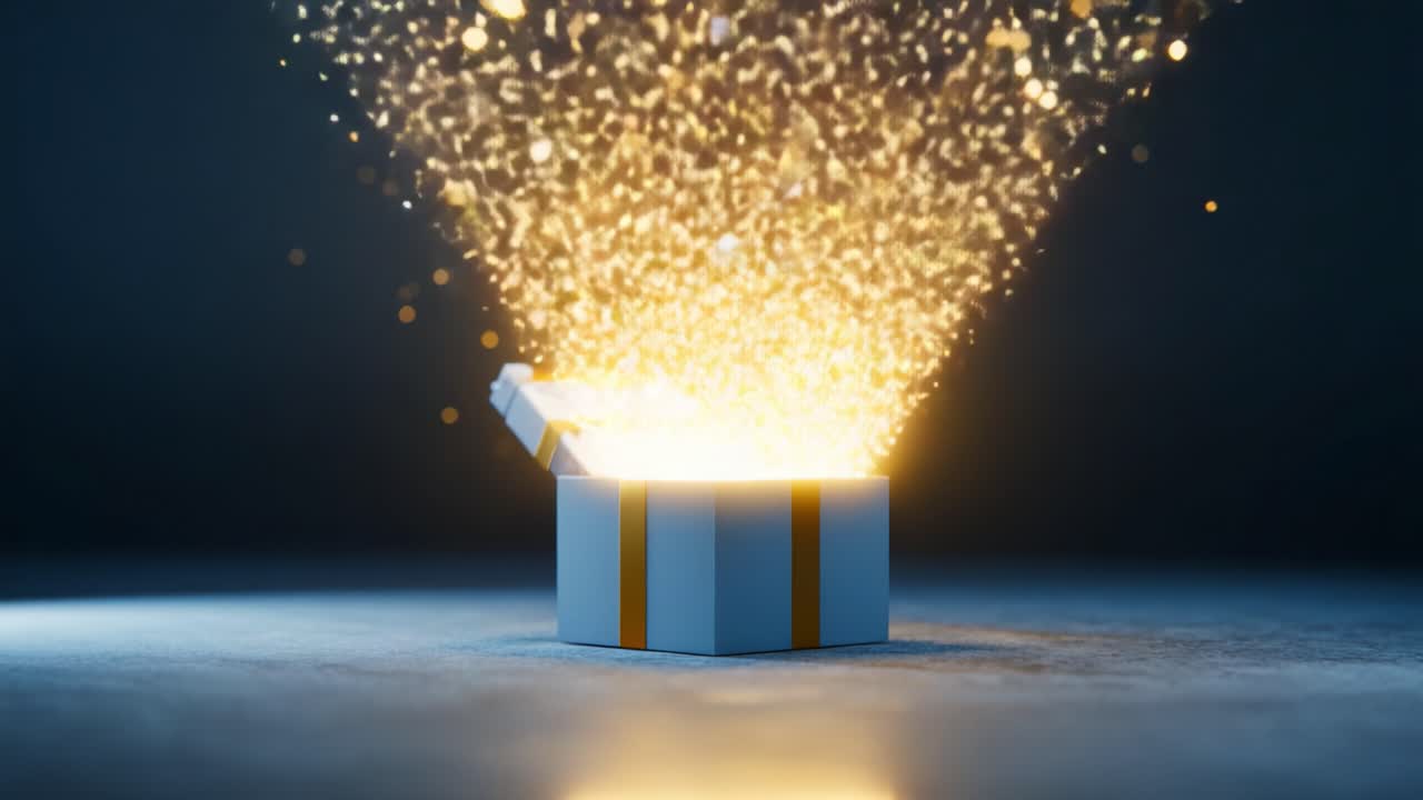 A Magical Gift: Unveiling the Enchanting Surprise Within the Box, Capturing the Moment of Sparkling Light and Joy as It Erupts from the Open Lid in an Impressive Display