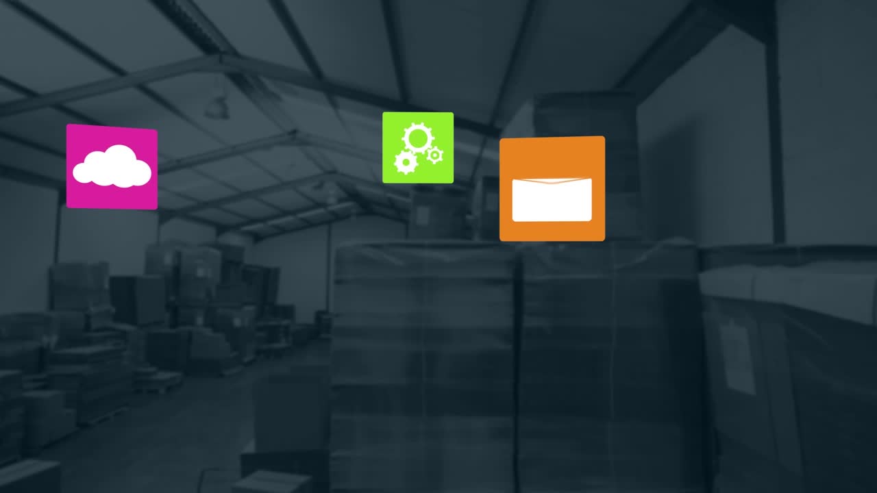 Animation of network with icons and cloud and data processing over boxes in warehouse