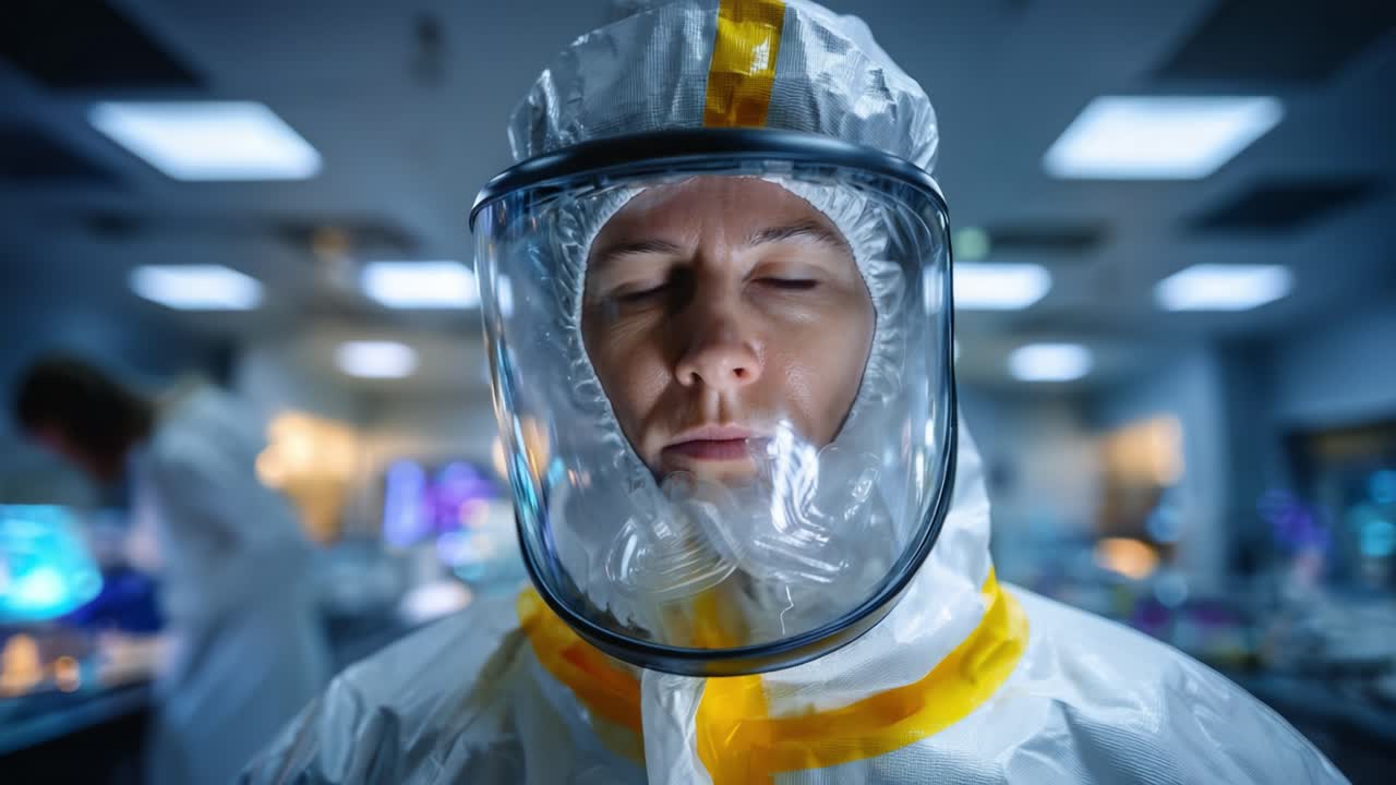 Un ricercatore concentrato con indumenti protettivi guarda dritto nella fotocamera, incarnando dedizione e cautela in un ambiente di laboratorio pieno di attrezzature scientifiche.