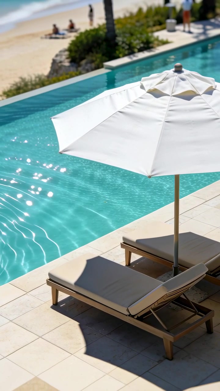 Vertical video: Panning camera revealing cushioned sun loungers under white umbrella at resort pool