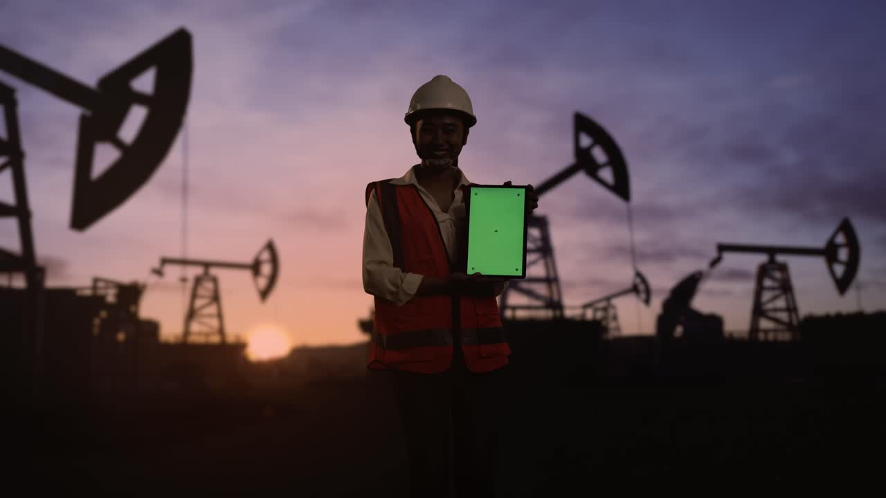ingeniera asiática con casco de seguridad inspecciona bombas de petróleo al amanecer en un gran campo petrolífero. sonriendo y mostrando la tableta de pantalla verde a la cámara