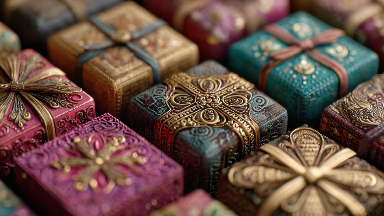 A Vibrant Collection of Ornately Designed Gift Boxes with Intricate Patterns and Beautiful Ribbons, Perfect for Any Special Occasion or Celebration