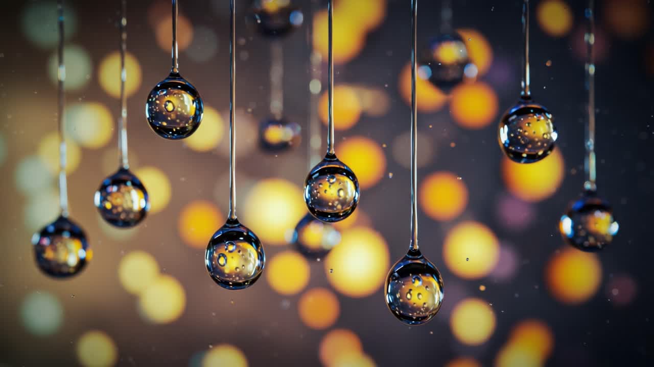 Captivating Close-Up of Hanging Water Droplets: A Visual Symphony of Reflections and Light in a Beautiful Abstract Setting