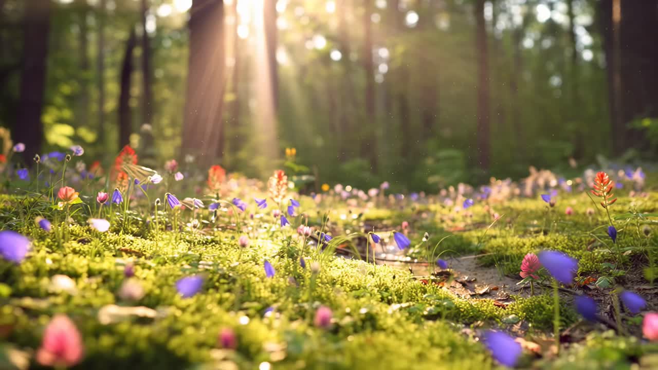 Low-angle video shot of a sunlit forest floor with vibrant wildflowers and soft sunlight