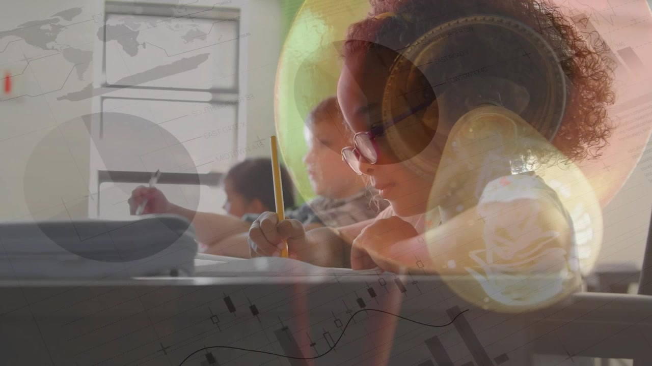 Young Students Studying in Classroom with Digital Data Overlay