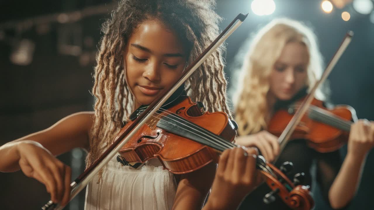 Close-up video of a young woman playing violin on stage, with dramatic lighting
