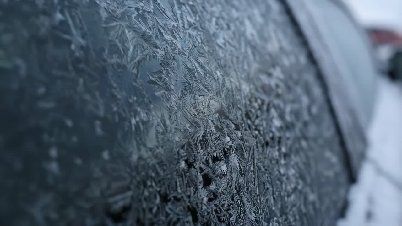 Nærbillede af indviklede frostmønstre på en bilrude om vinteren