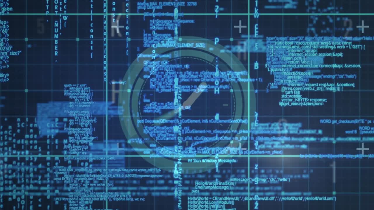 Animation of digital data processing over grid on black background