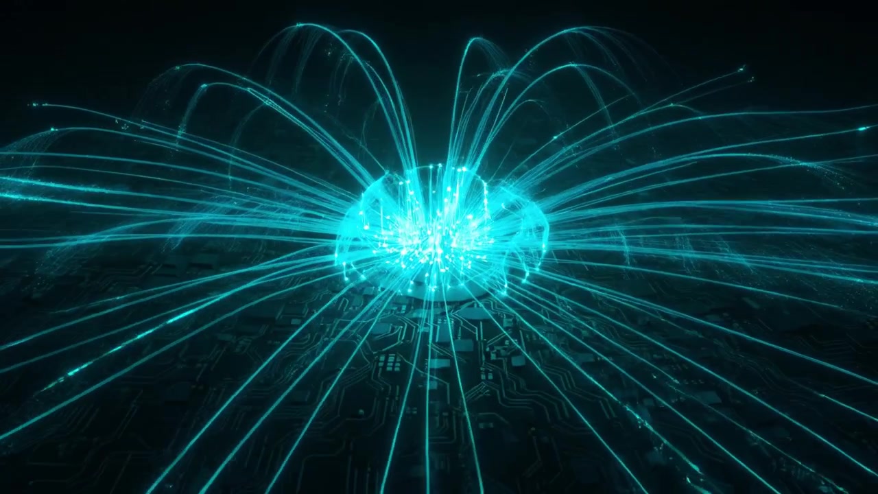 Glowing Digital Data Streams Emitting from a Circuit Board