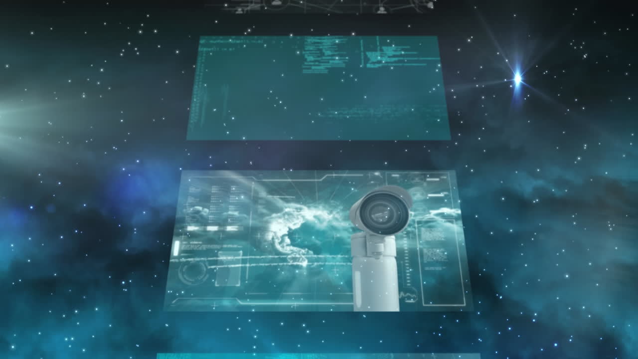 animación del procesamiento de datos sobre estrellas brillantes sobre un fondo negro