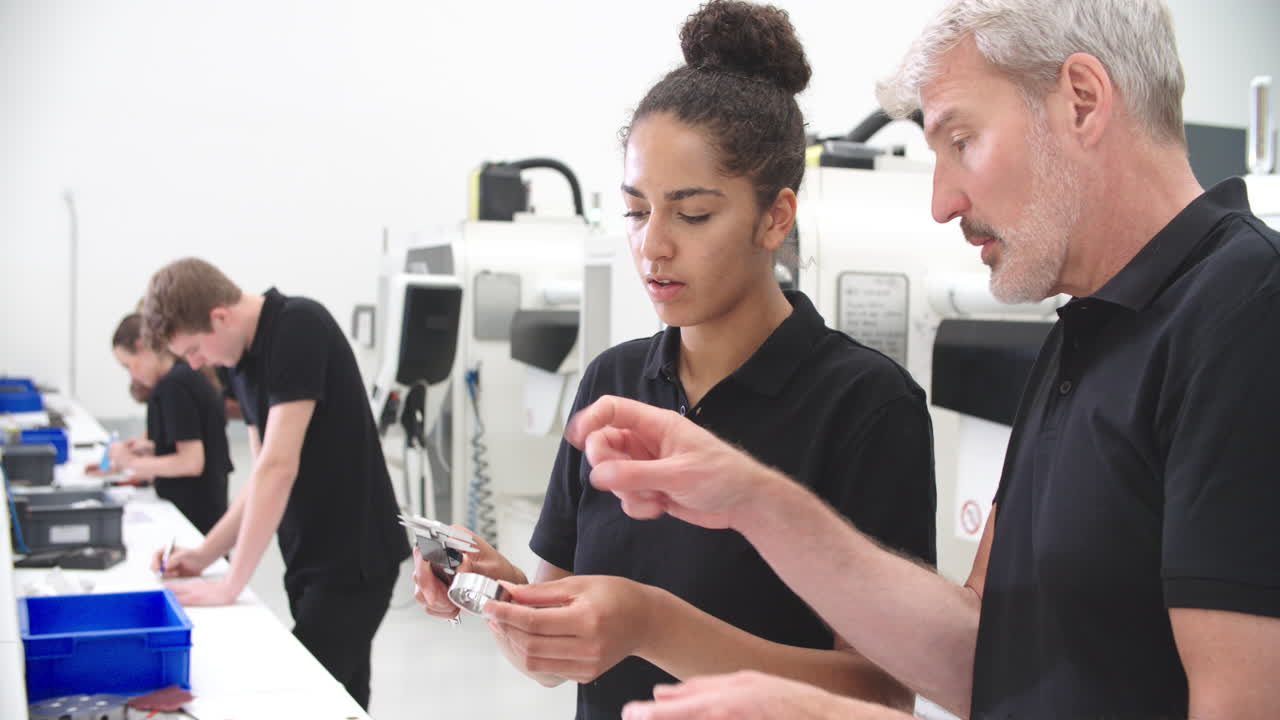 ingeniero en la fábrica con aprendiz comprueba la calidad de los componentes
