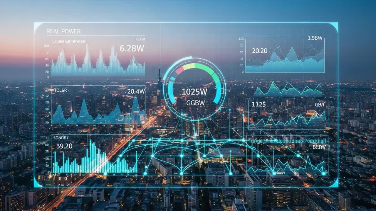 Futuristic Urban Dashboard with Energy Metrics: Capturing Power Data, Graphs, and Performance Indicators Against a City Skyline at Dusk