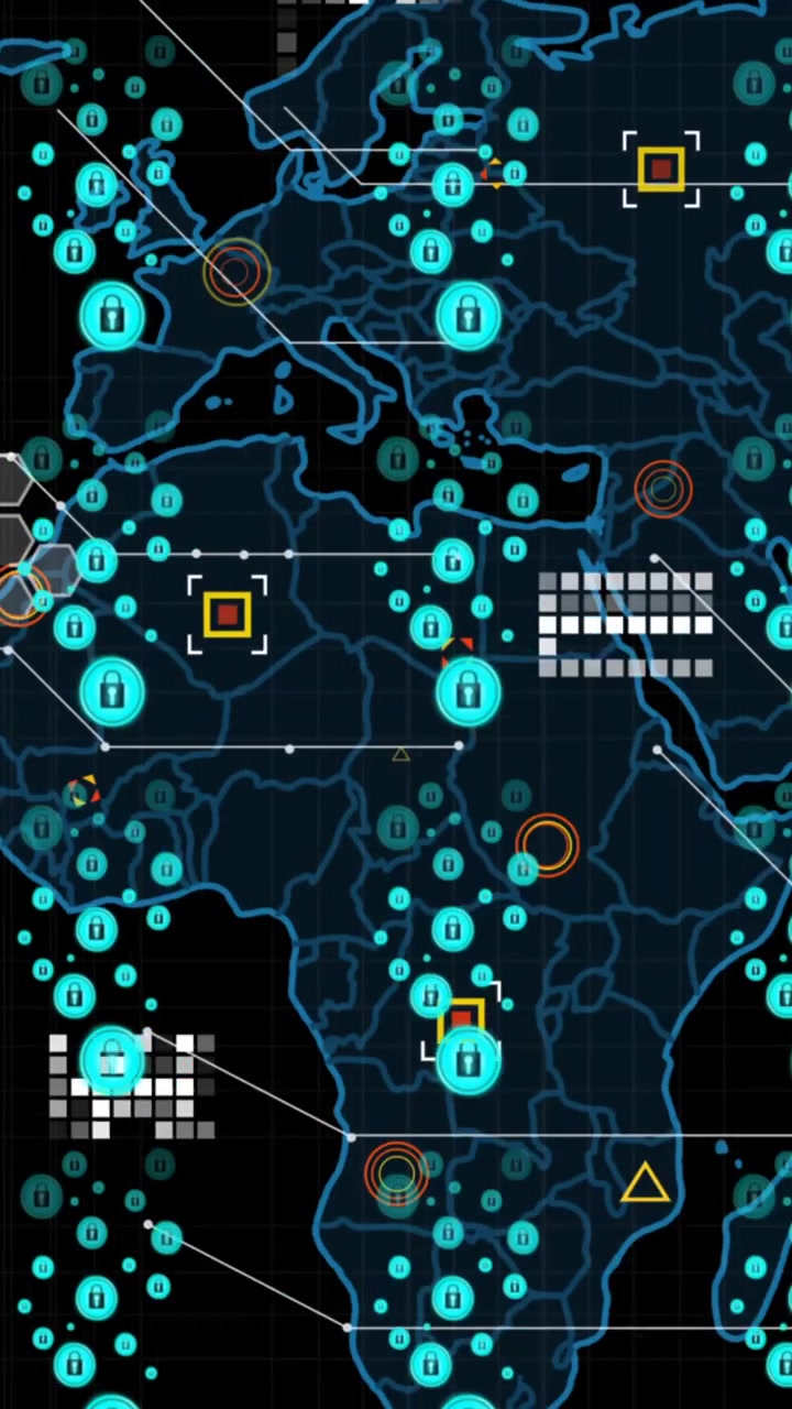 Animation of padlock security icons and data processing over world map