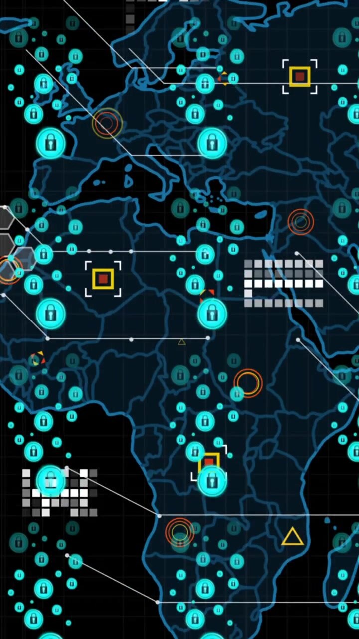 Animation of padlock security icons and data processing over world map