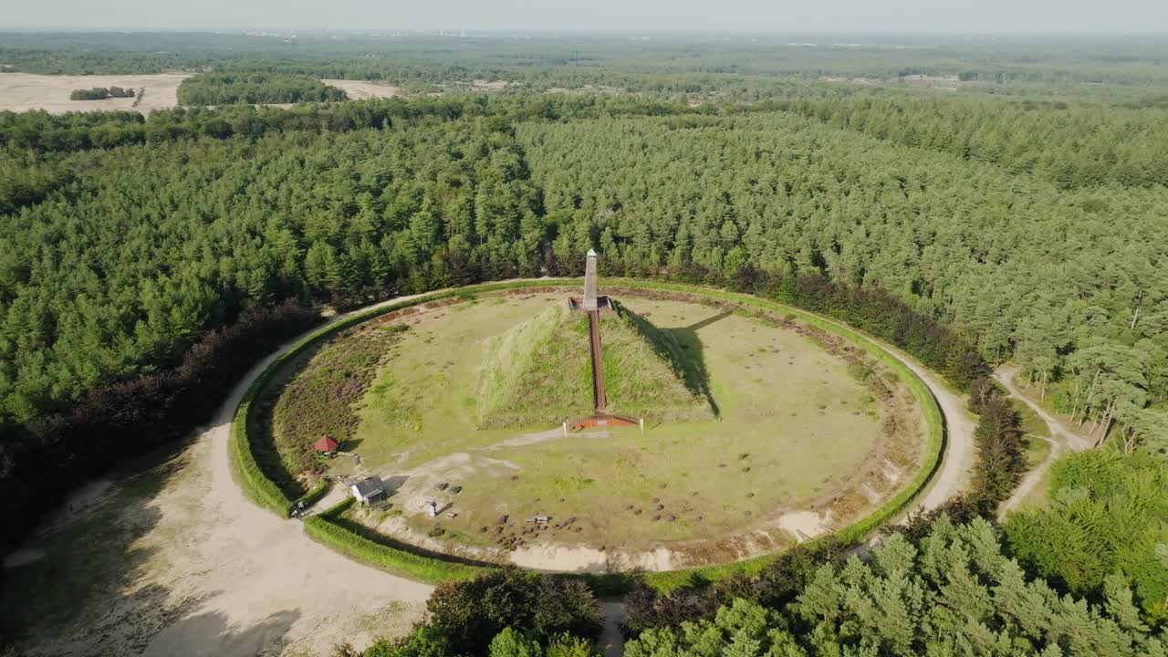 Aerial orbit Pyramide Austerlitz, old historical landmark in the middle of natural area Utrechtse Heuvelrug, monument dedicated to Napoleon Bonaparte