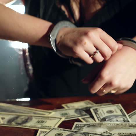 illegal money and handcuffs. woman trying to free herself