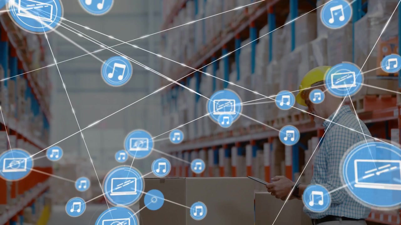 Warehouse lead tapping tablet updating stock and activating spreading blue node map overlapping man