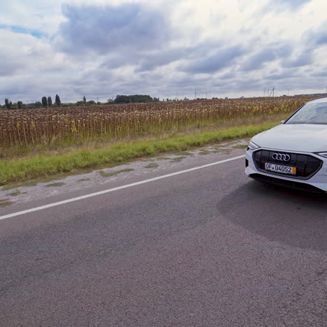 vinnitsa, ukraine - september 2019: presentation of a white audi e-tron, compact luxury crossover suv. modern new cars for sale