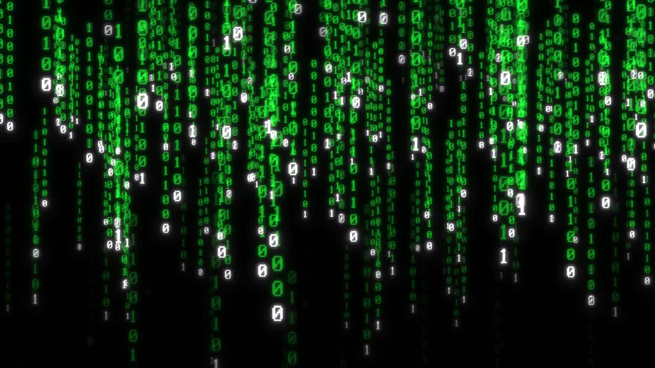 Green digital data matrix effect falling from the top of the screen on black background 3D animation