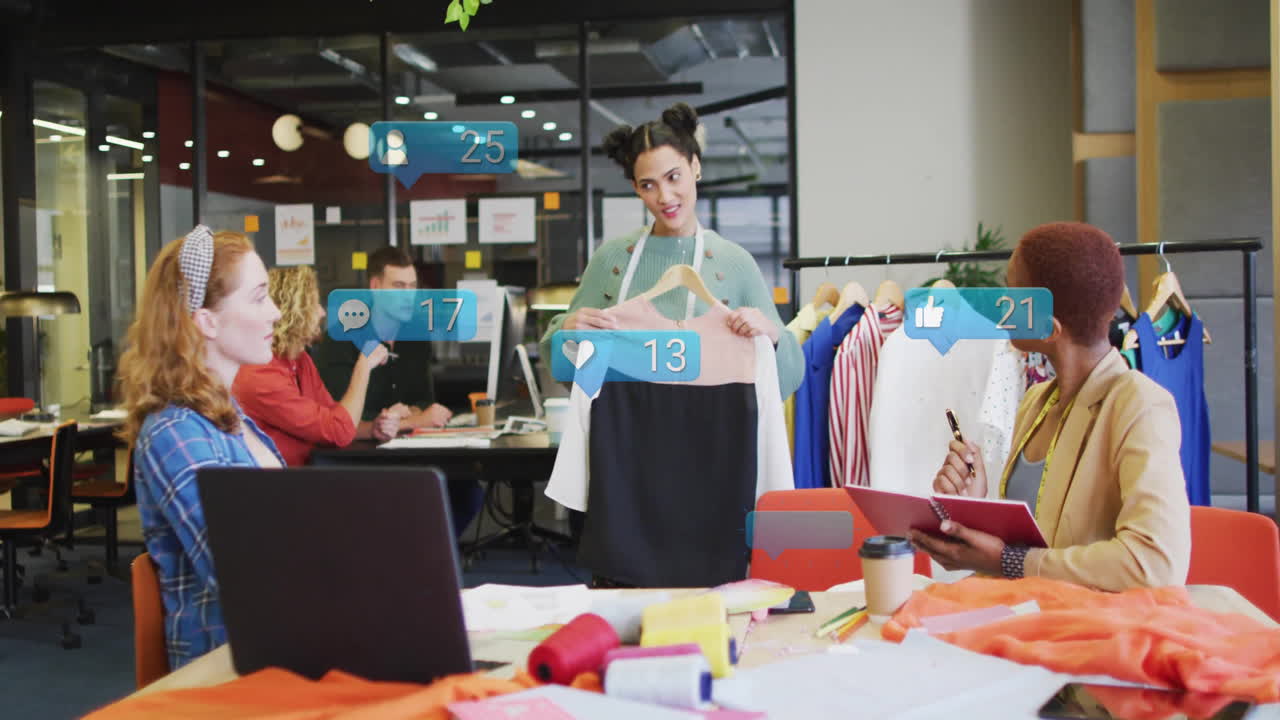 Presenting animation of outfit, fashion designer with colleagues in school setting