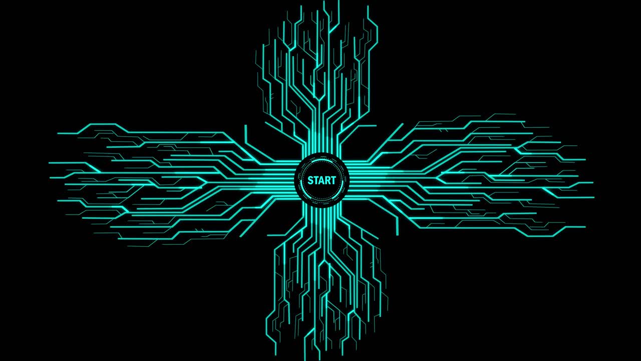 Digital Start Button With Futuristic Artificial Intelligence Spreading Through Internet. Visualization Of Machine Learning, Computer Technology, Neural Network
