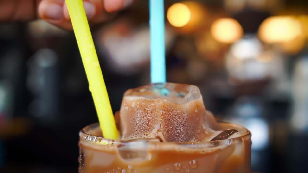 A Refreshing and Inviting Close-Up of Iced Coffee with Colorful Straw, Perfectly Chilled and Ready for Enjoyment on a Warm Day