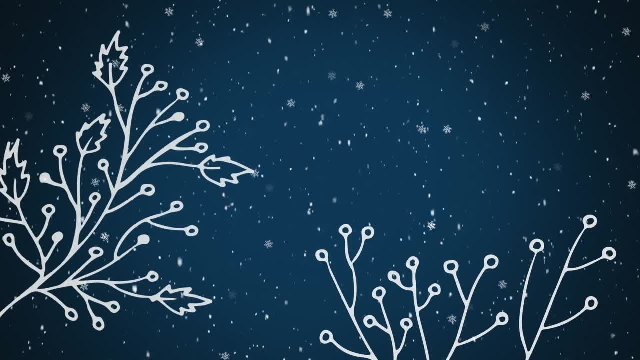 animación de contornos de plantas blancas con estrellas de navidad y nieve cayendo sobre un fondo azul oscuro.