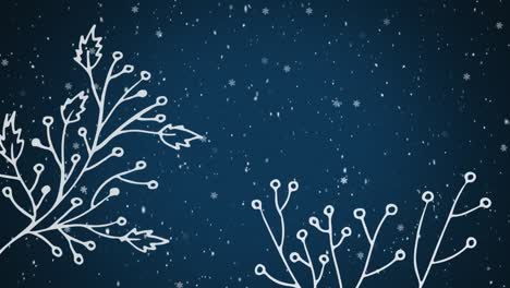 Animation-Weißer-Pflanzenumrisse-Mit-Weihnachtssternen-Und-Fallendem-Schnee-Auf-Dunkelblauem-Hintergrund