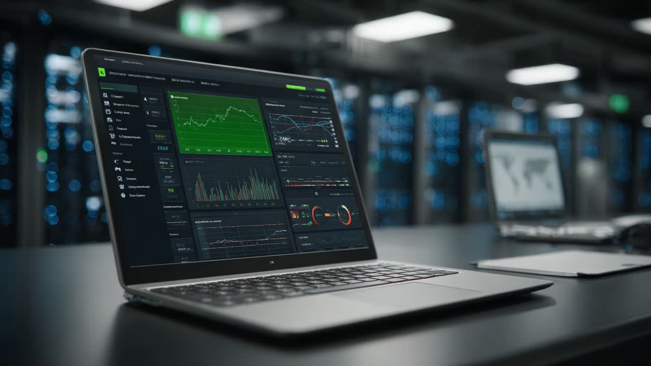 Advanced Data Analysis and Visualization Dashboard on Modern Laptop in a High-Tech Server Room Environment Focused on Real-Time Metrics and Financial Trends