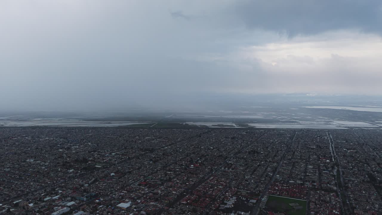 Heavy rain over wetlands in Mexico City, captured by drone