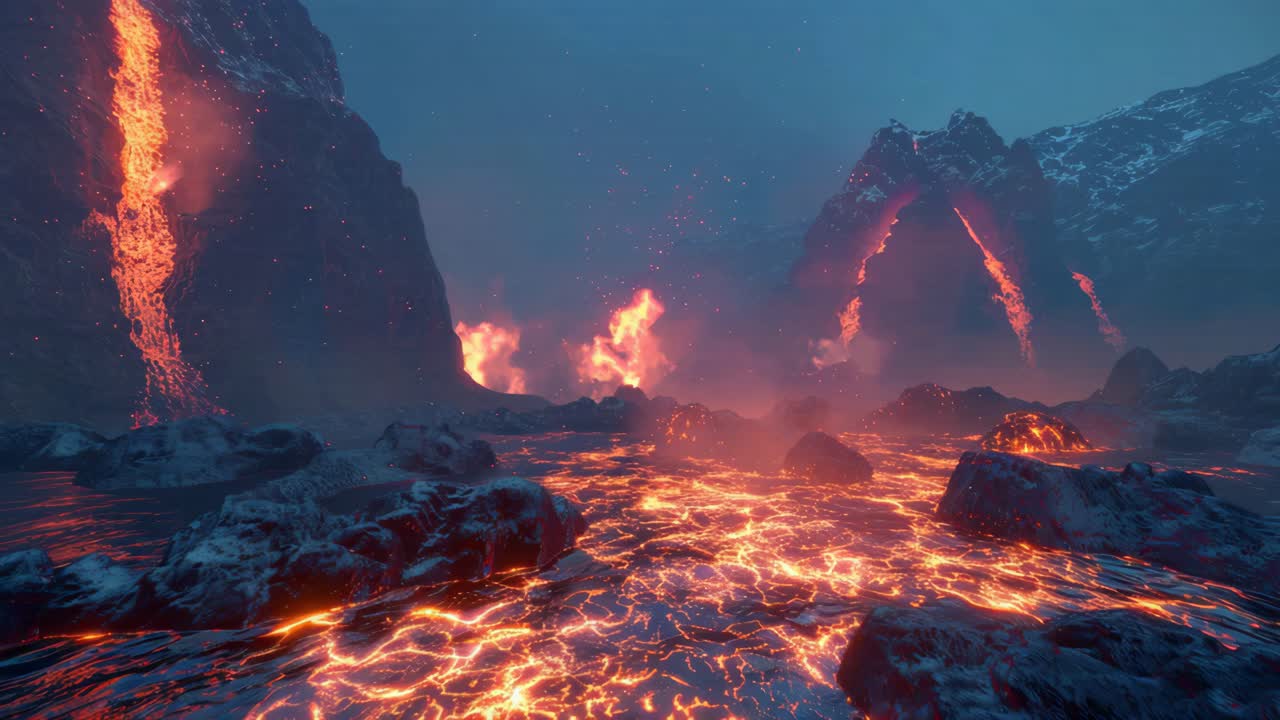 Lava fließt durch gefrorene Berge