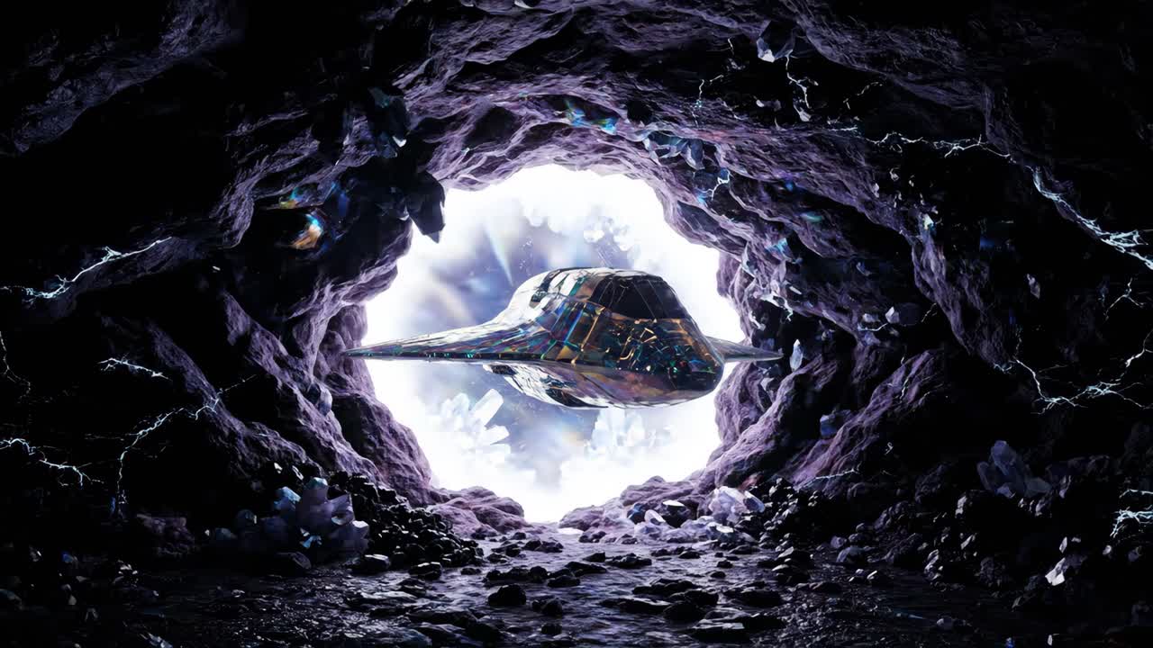 Spaceship emerging from a crystal cave portal