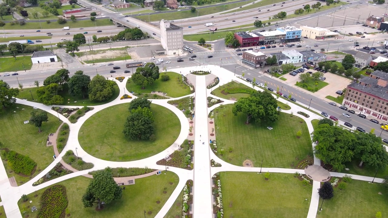Roosevelt Park in Front of Michigan Central Station With Geometric Pathways from aerial view