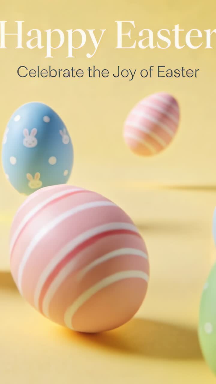 Pastel eggs rolling on pale yellow showing bunny motifs Happy Easter title Celebrate Joy subhead