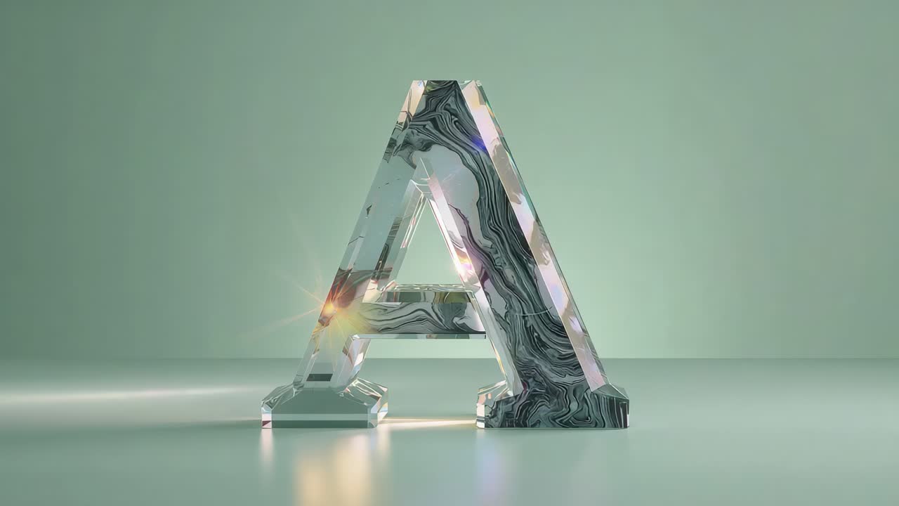 Camera rising and panning around marble letter A sculpture in mint-green studio, revealing texture