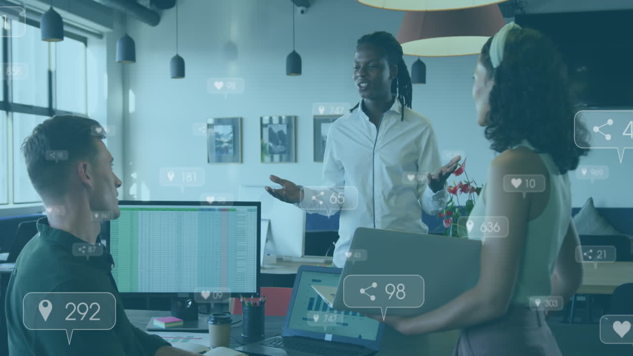 Animation of changing numbers and icon in notification bars, diverse coworkers discussing reports