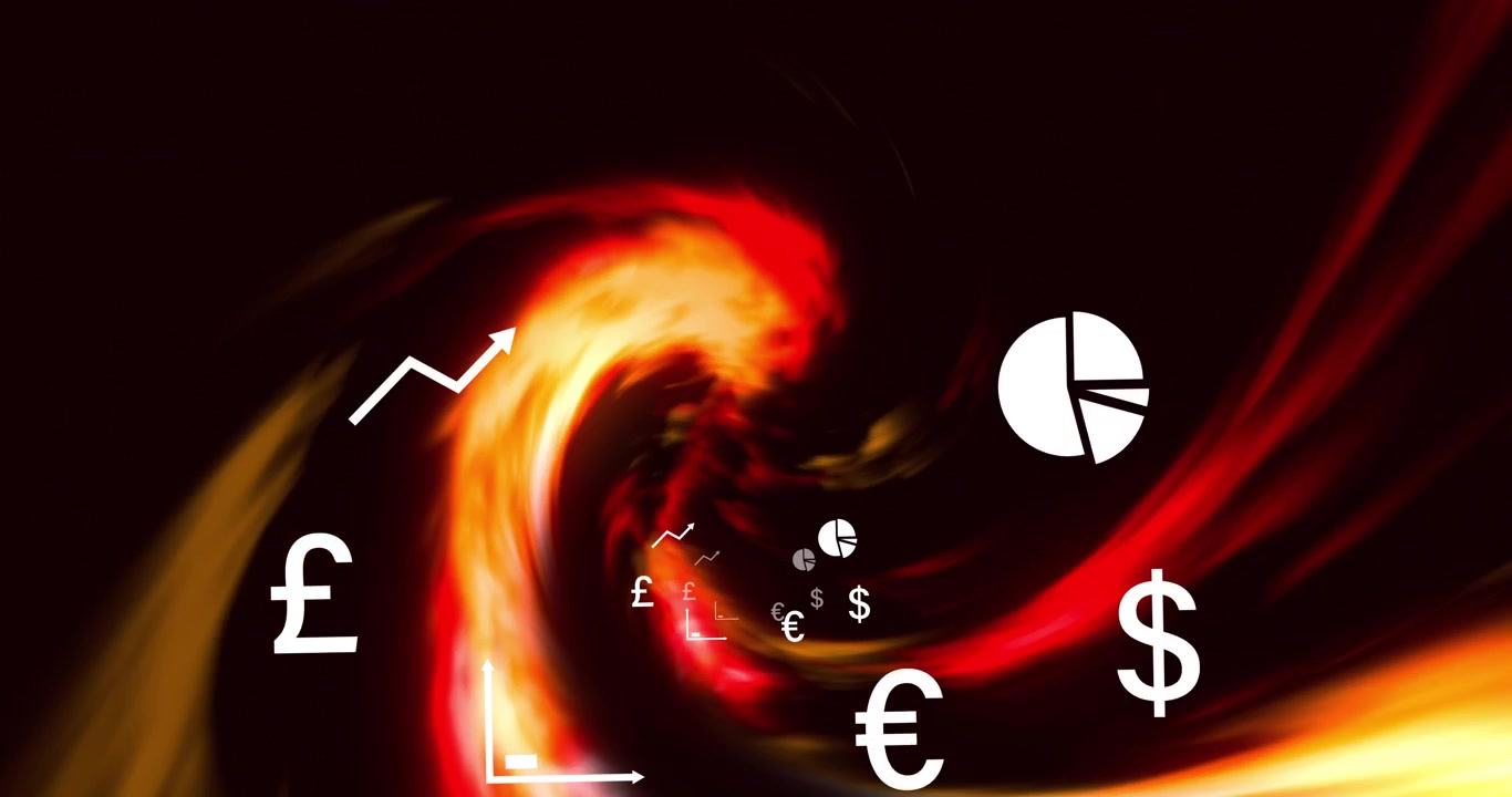 Core pulse sparking swirl with white money icons expanding rotating converging to show market data