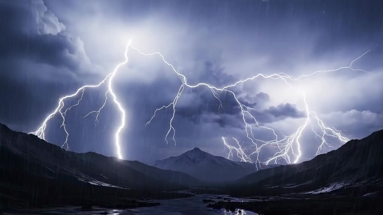 Potenti fulmini e pioggia battente durante un temporale di montagna