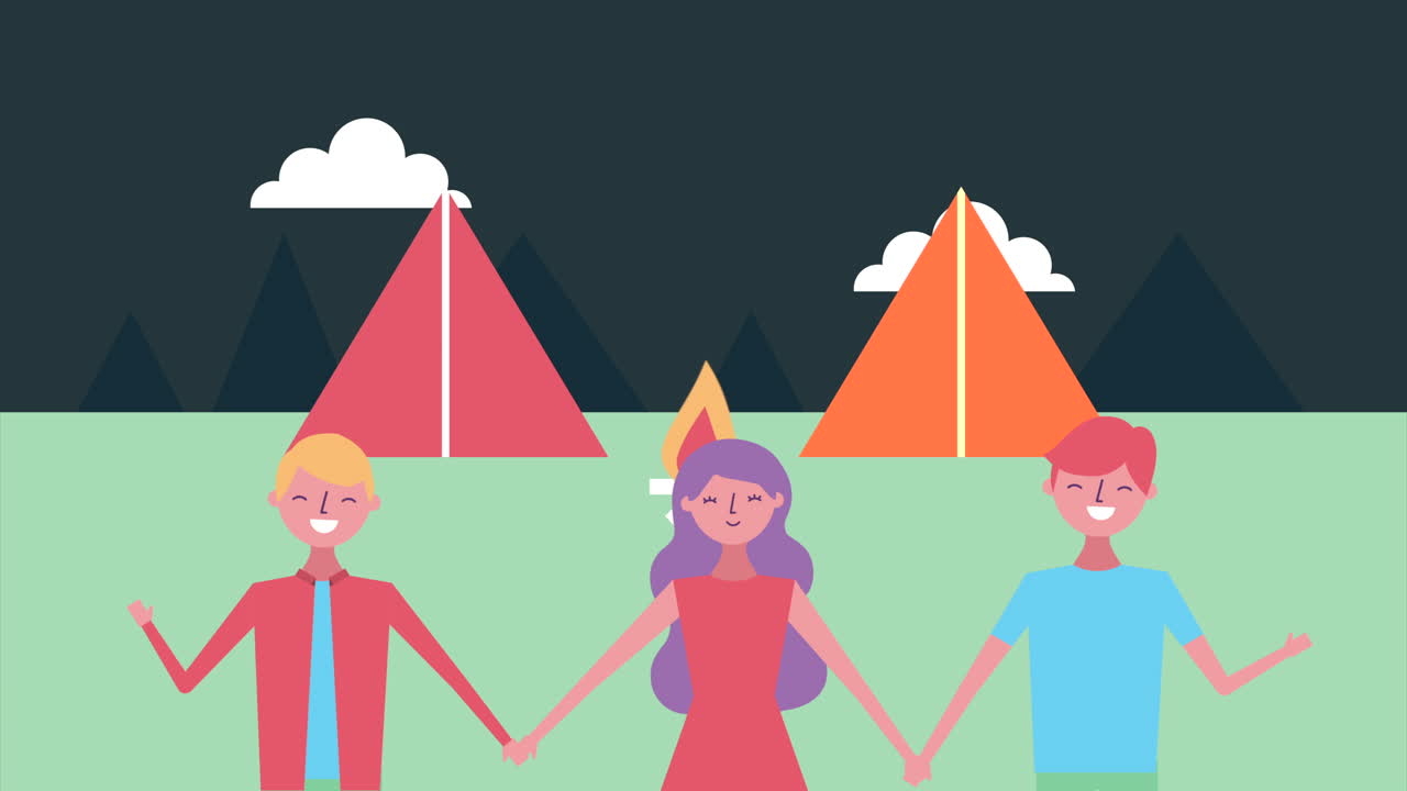 젊은 친구 그룹 캠핑 캐릭터