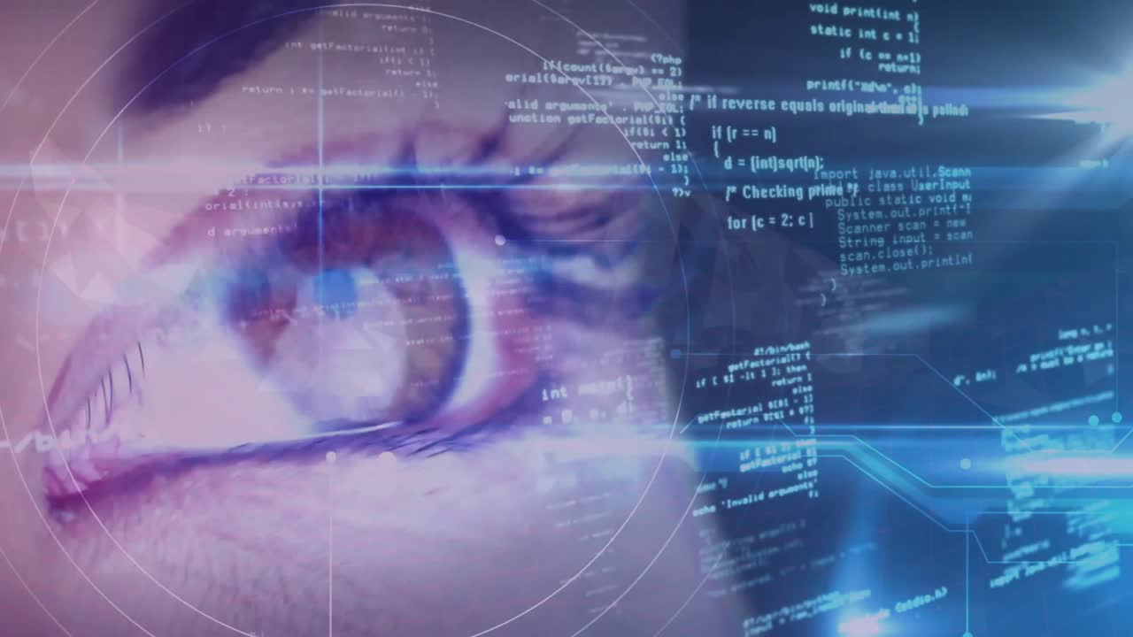Targeting circle appearing on female eye causing code scanning across transparent UI for insight