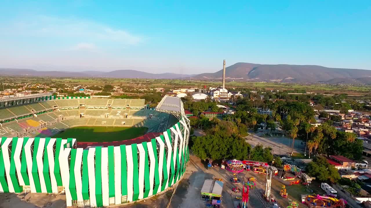 Agustin Coruco football stadium in Morelos, Mexico. Aerial view at sunset