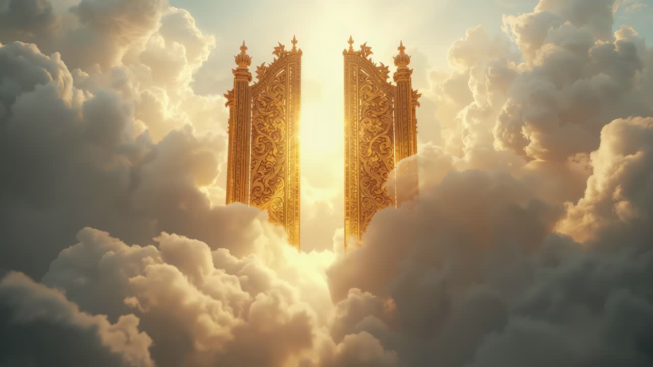 Golden Gates to Heaven Amidst Fluffy Clouds