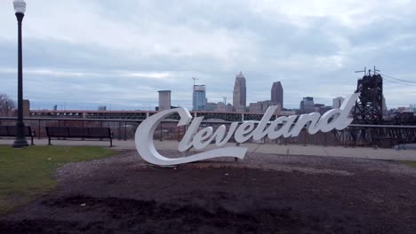 drone shot flying over the cleveland sign to reveal downtown