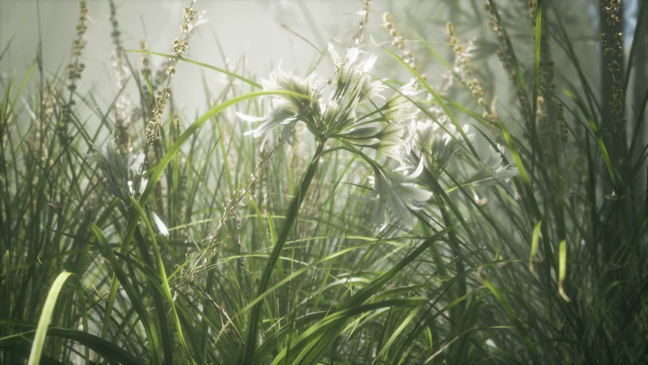 잔디 꽃 필드와 부드러운  ⁇ 빛을 배경으로.