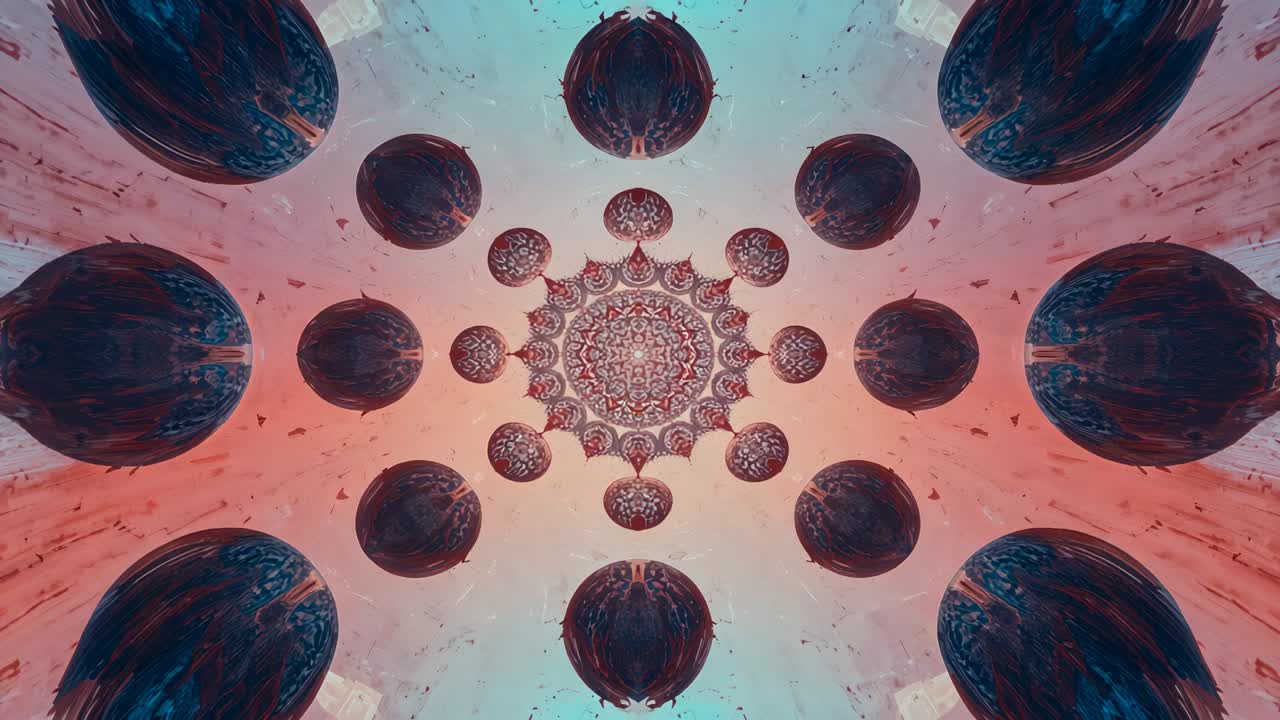 Starting mandala radiating dark red spheres, blue petals, peach arcs around target circle in canvas