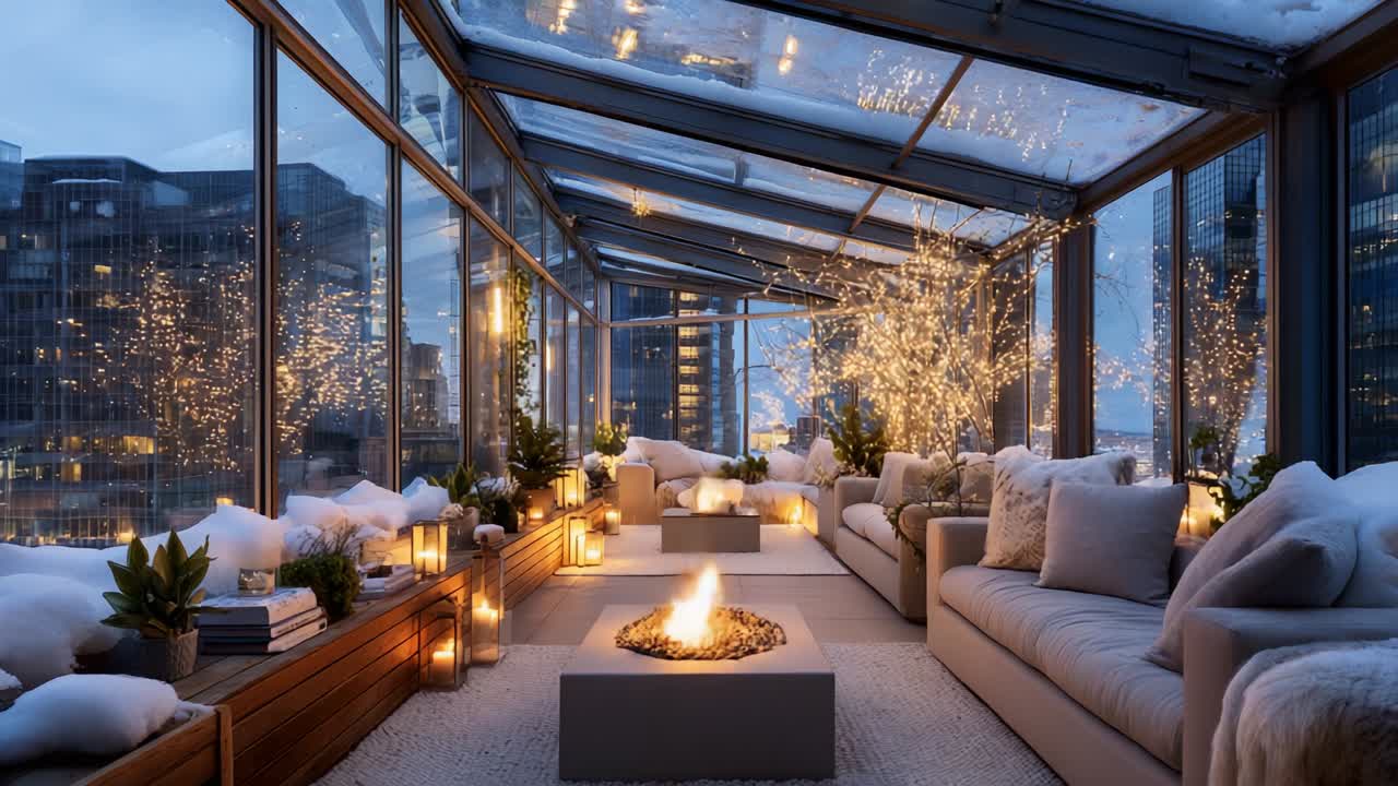 A Cozy and Inviting Winter Oasis: Enjoying a Warm Fire in a Stunning Glass-Enclosed Lounge Adorned with Twinkling Lights and Plush Furnishings, Perfect for Relaxation and Serenity During Cold Evenings