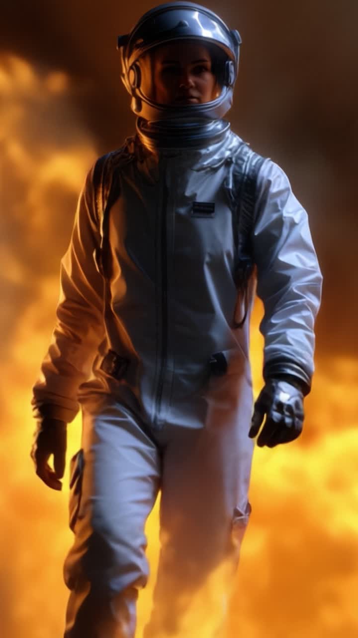Un Astronauta Solitario con Traje Blanco Camina por un Paisaje Envuelto en Llamas, Encarnando Coraje y Determinación en Medio del Caos y la Destrucción Ardiente