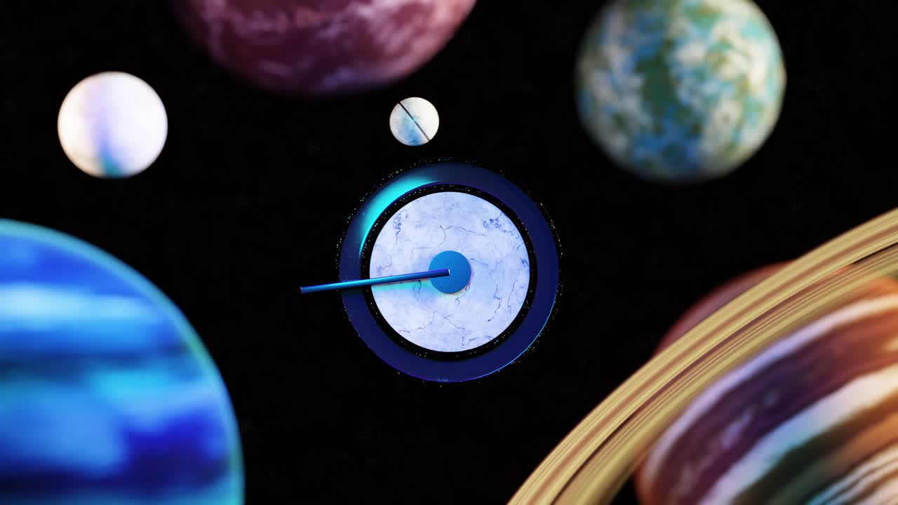 3D animation loop of dynamic lever hitting ball against space solar system