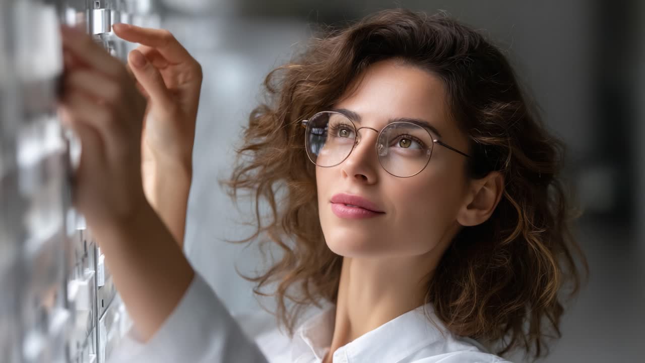 A Thoughtful Woman in Glasses Engaged in Organizing and Reflecting on Options in a Modern, Bright Environment, Showcasing Curly Hair and Elegant Style