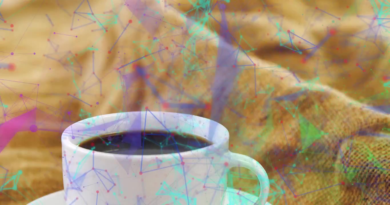 On start digital network overlay drifting across static white coffee mug illustrating data flow